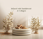 Wooden incense sticks and sandalwood powder on a white plate with floral decorations, text 'Infused with Sandalwood & Collagen' above.
