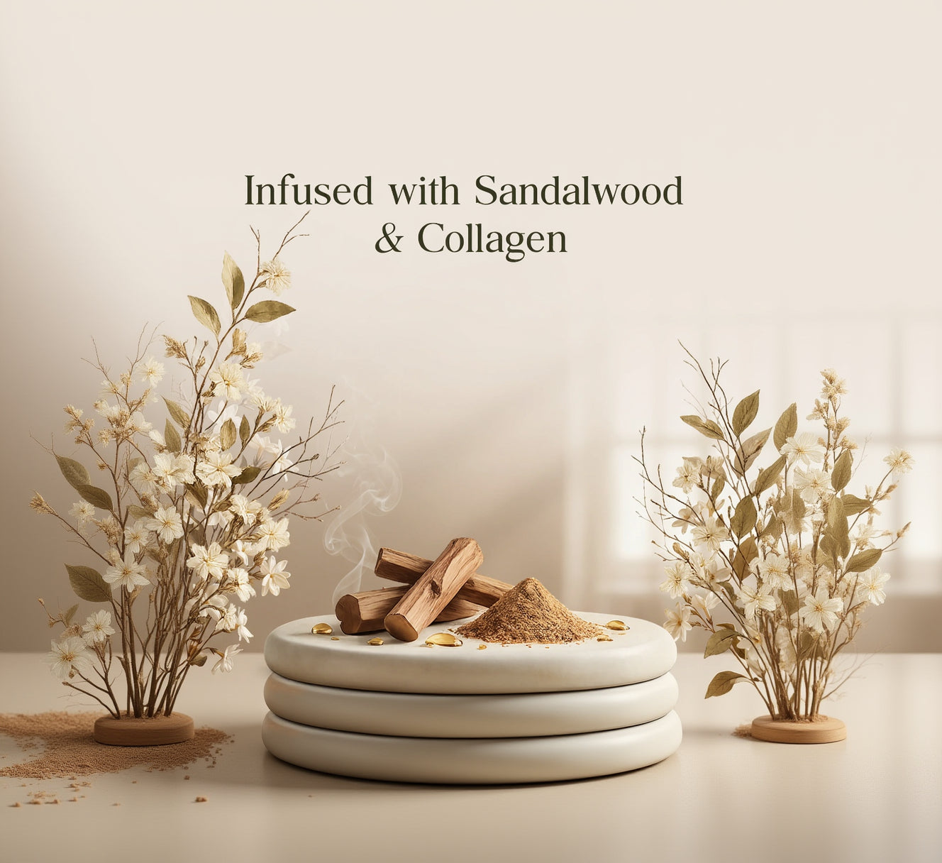 Wooden incense sticks and sandalwood powder on a white plate with floral decorations, text 'Infused with Sandalwood & Collagen' above.